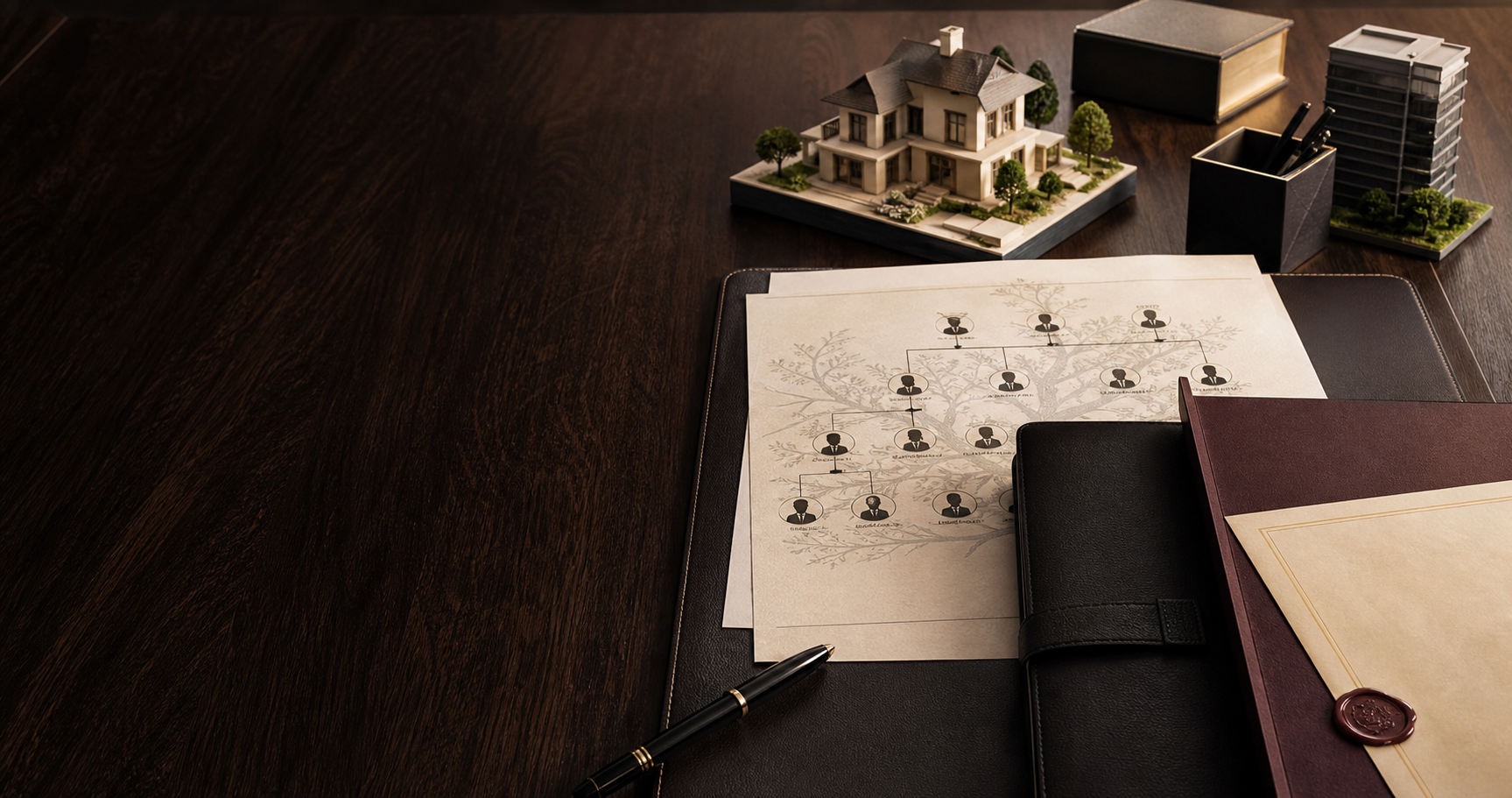 Mesa de reunião nobre com documentos de inventário, planejamento sucessório e maquetes de imóveis em ambiente acolhedor